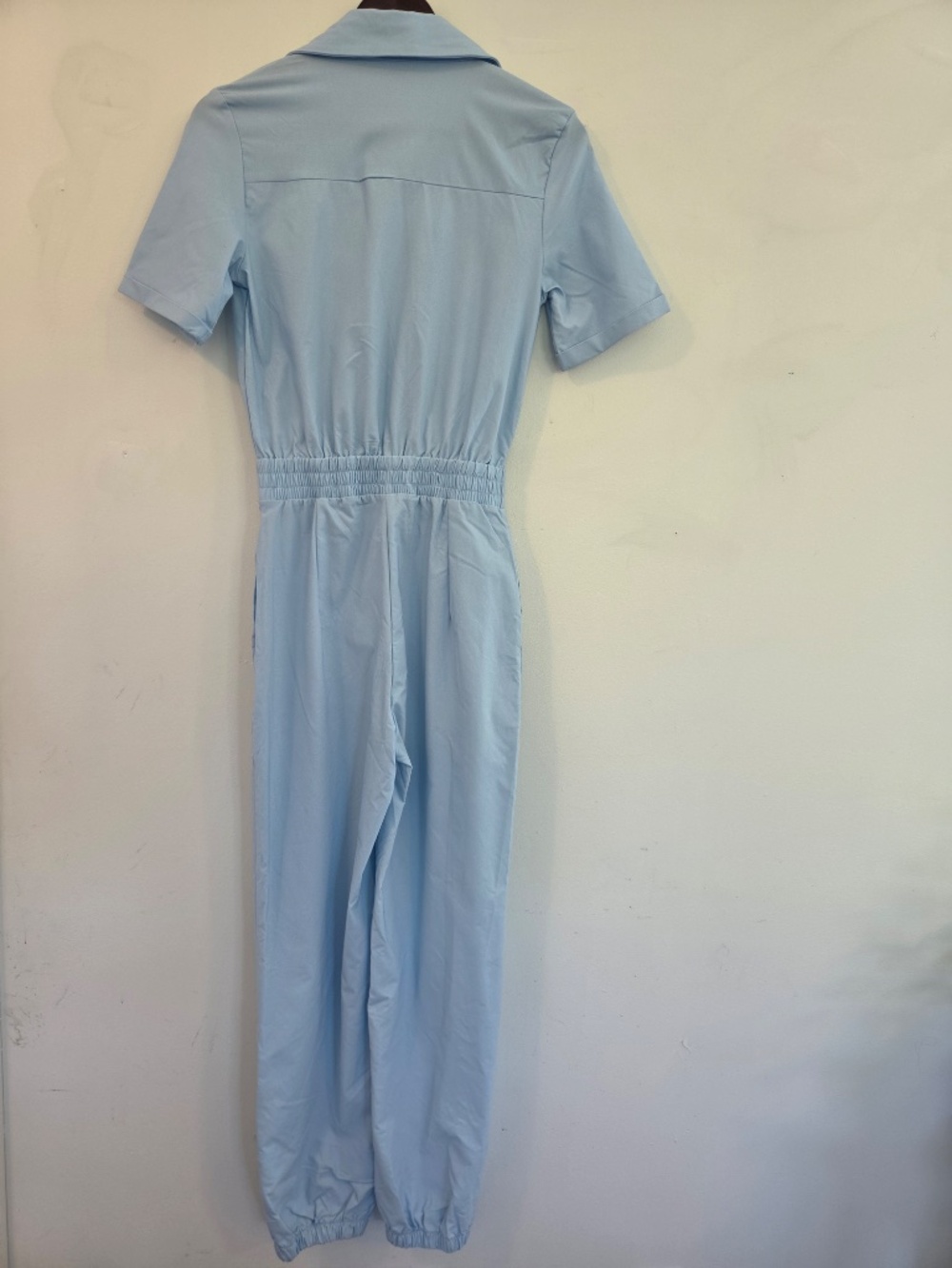 Utility suit romper/jumper blue short sleeve minimalist contemporary stretch - Picture 10 of 12